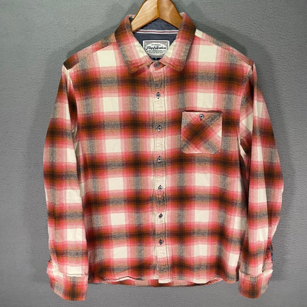 Flag & Anthem Mens Flannel Shirt Medium Pink Plaid‎ Cotton Button Up